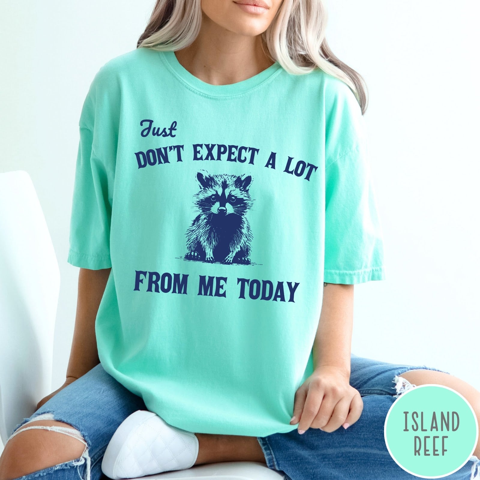 Comfort Colors tee in Island Reef featuring screen printed raccoon graphic and text Just Don't Expect A Lot