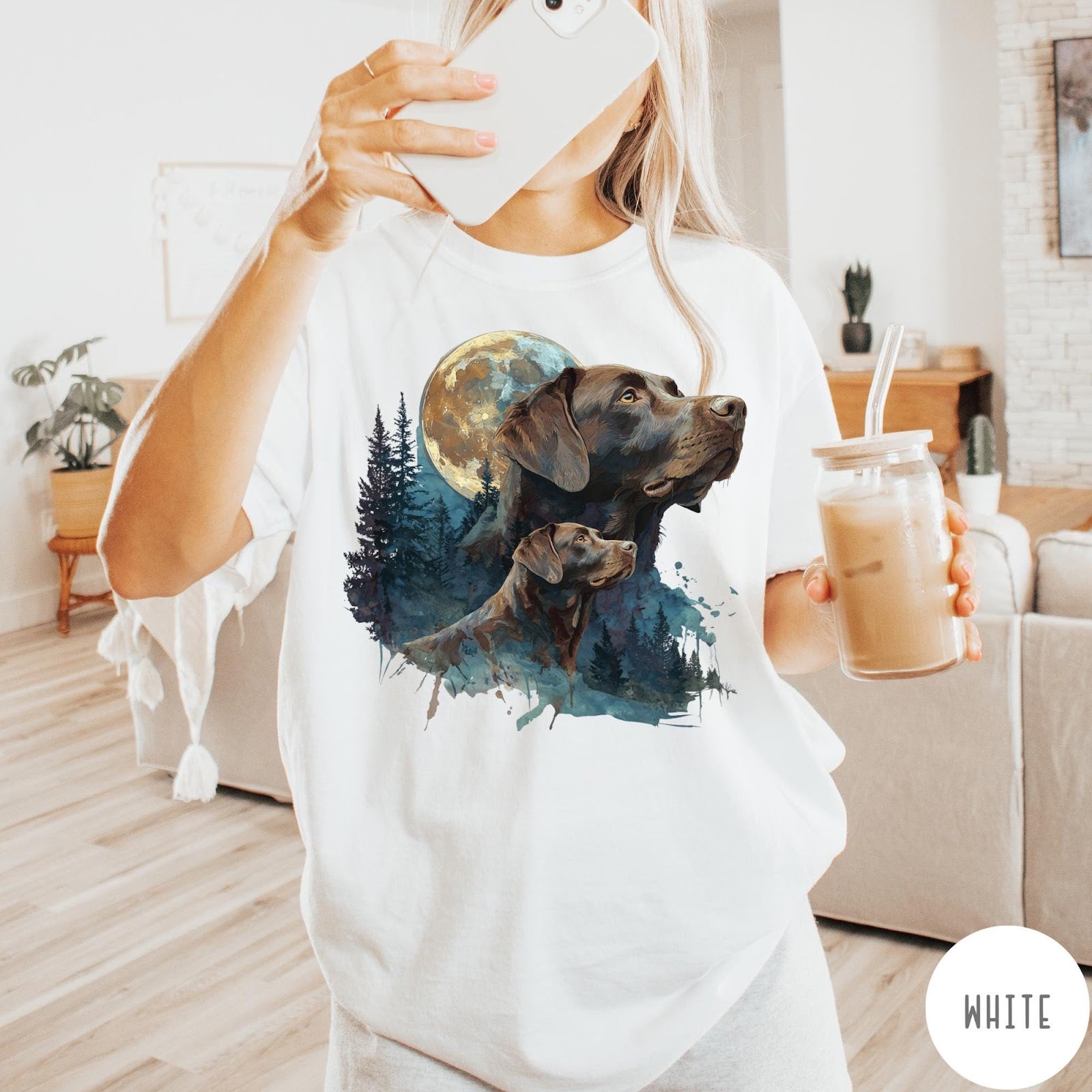 Comfort Colors tee in White featuring vintage style graphic of two Chocolate Labradors under a full moon