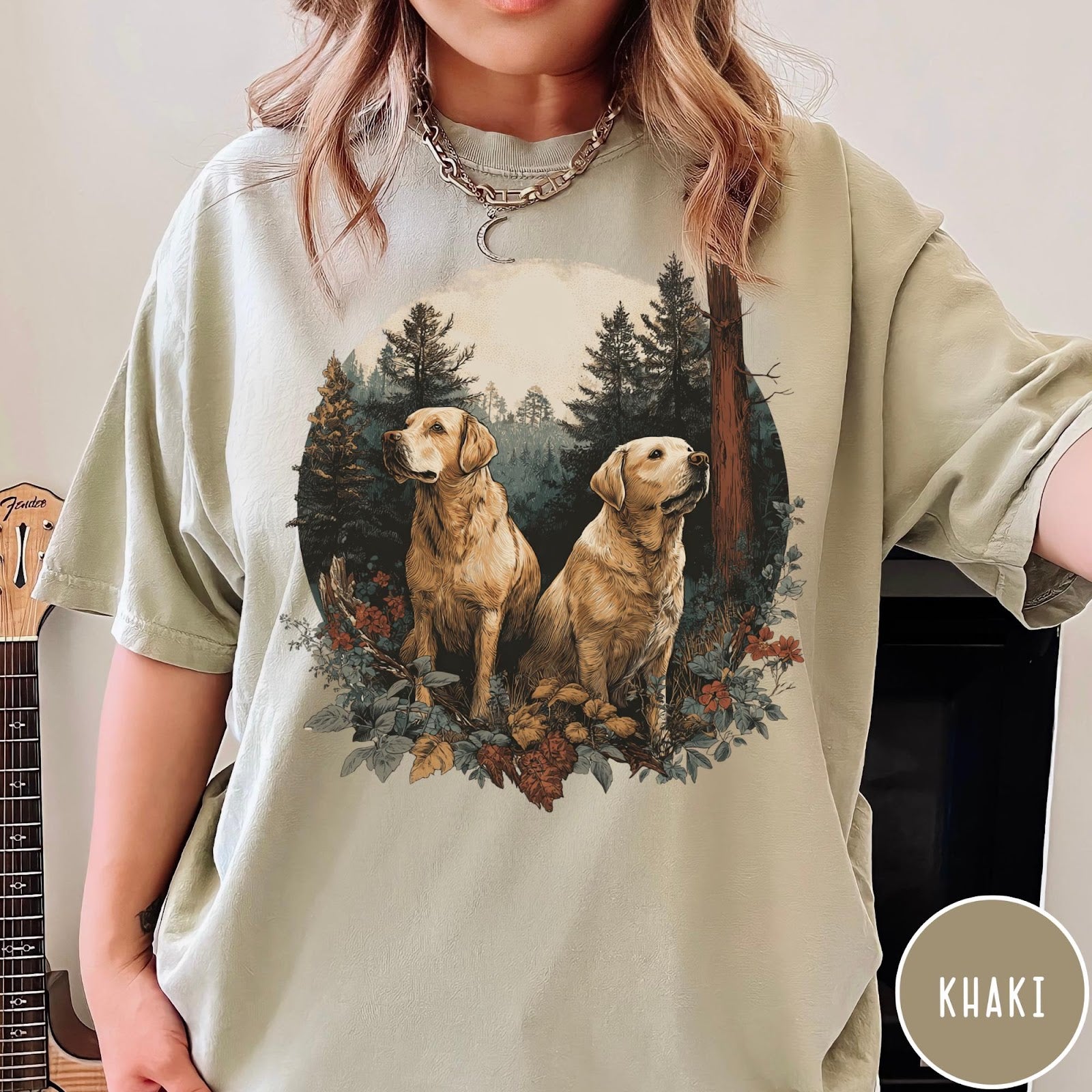 Comfort Colors tee in Khaki featuring vintage style graphic of two golden labrador dogs in a forest
