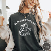 Comfort Colors tee in Pepper featuring kitten design with butterfly and flowers and text Rage Consumes Me