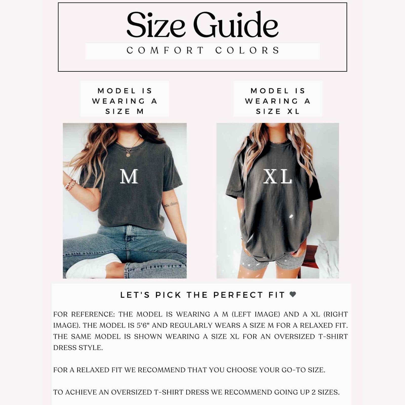 Comfort Colors tee size guide showing model wearing medium and extra large for fit reference