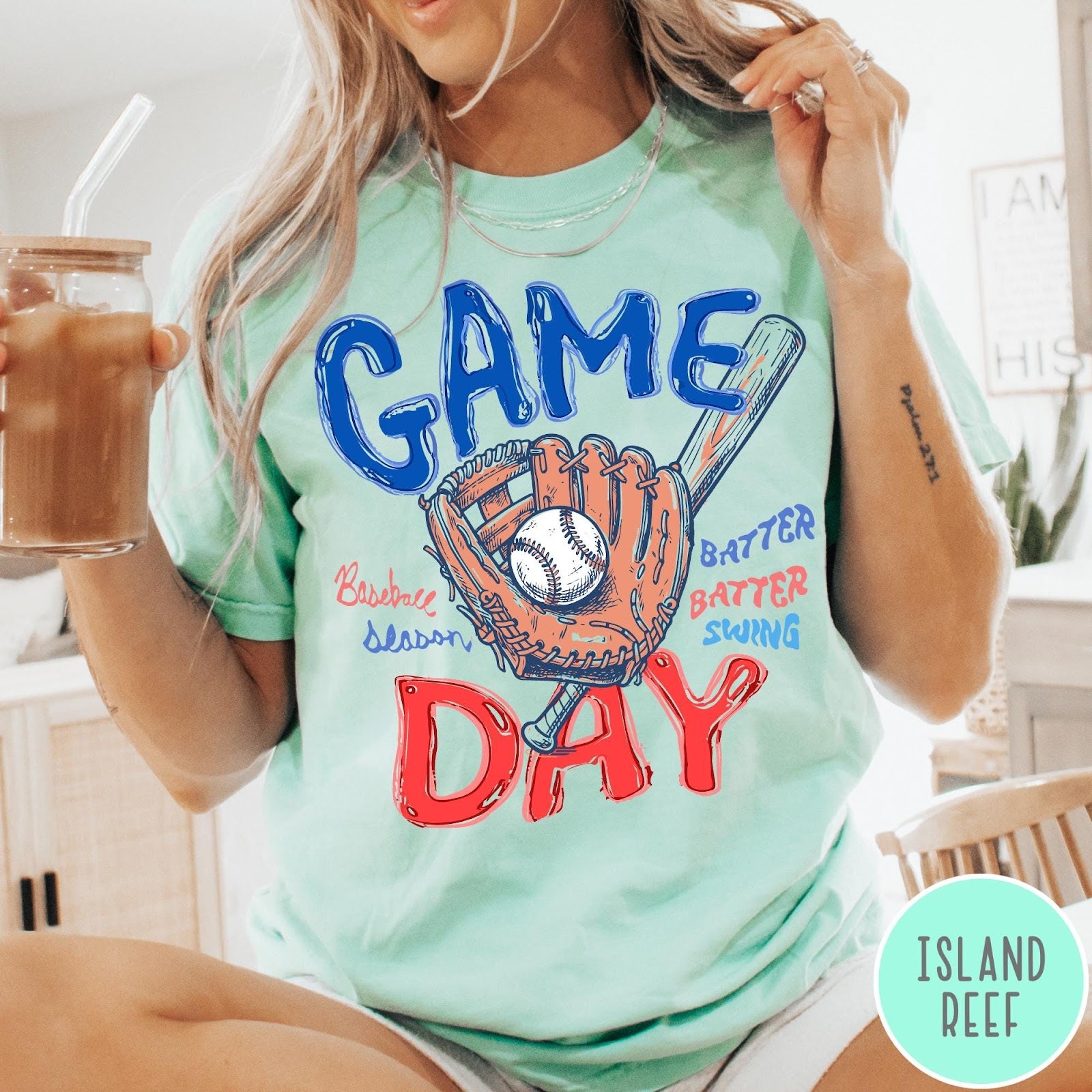 Comfort Colors tee in Island Reef featuring baseball design with glove, ball, bat, and Game Day text graphic