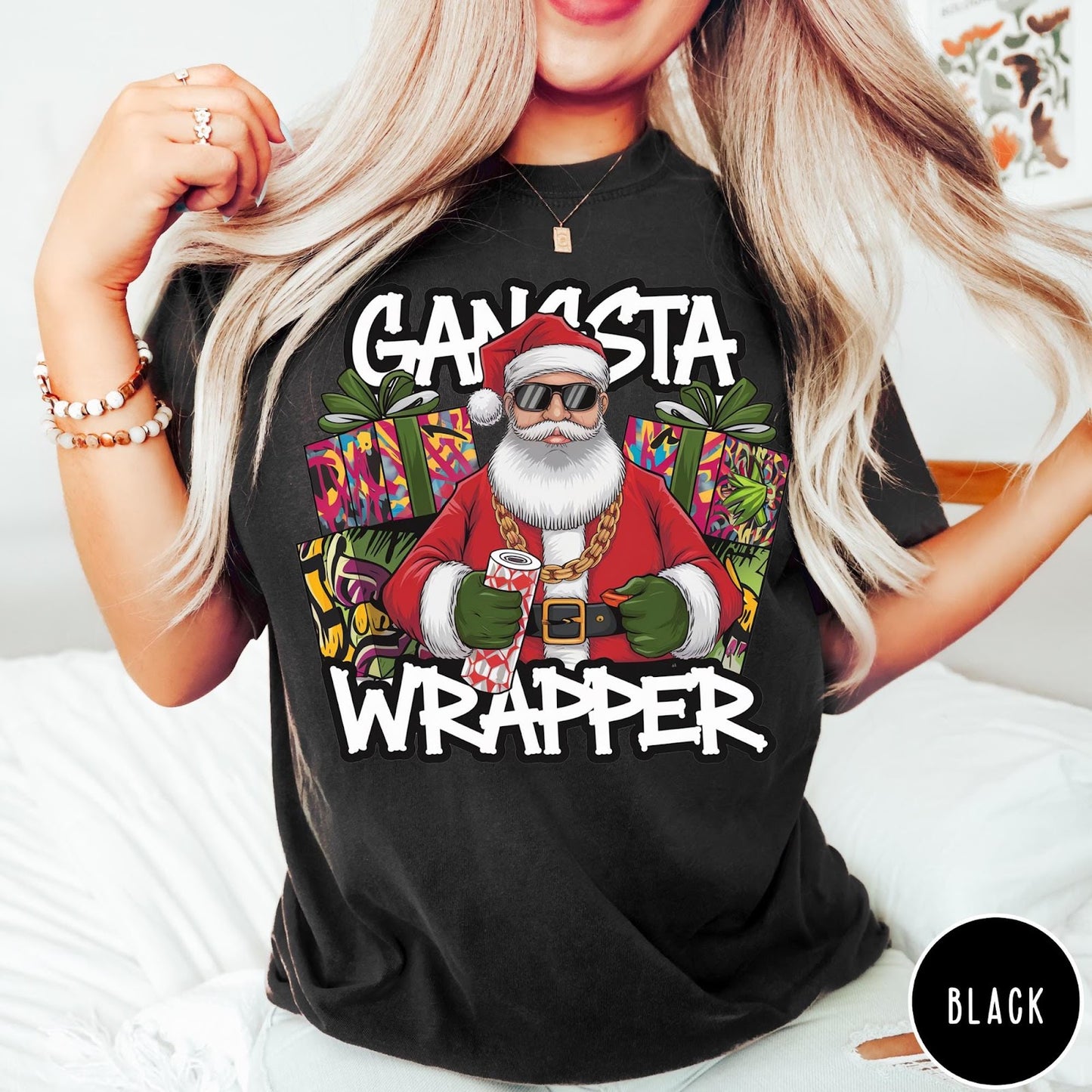 Comfort Colors tee in Black featuring graphic Santa Claus wearing sunglasses and gold chain, Gangsta Wrapper text