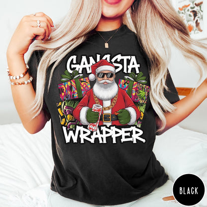 Comfort Colors tee in Black featuring graphic Santa Claus wearing sunglasses and gold chain, Gangsta Wrapper text