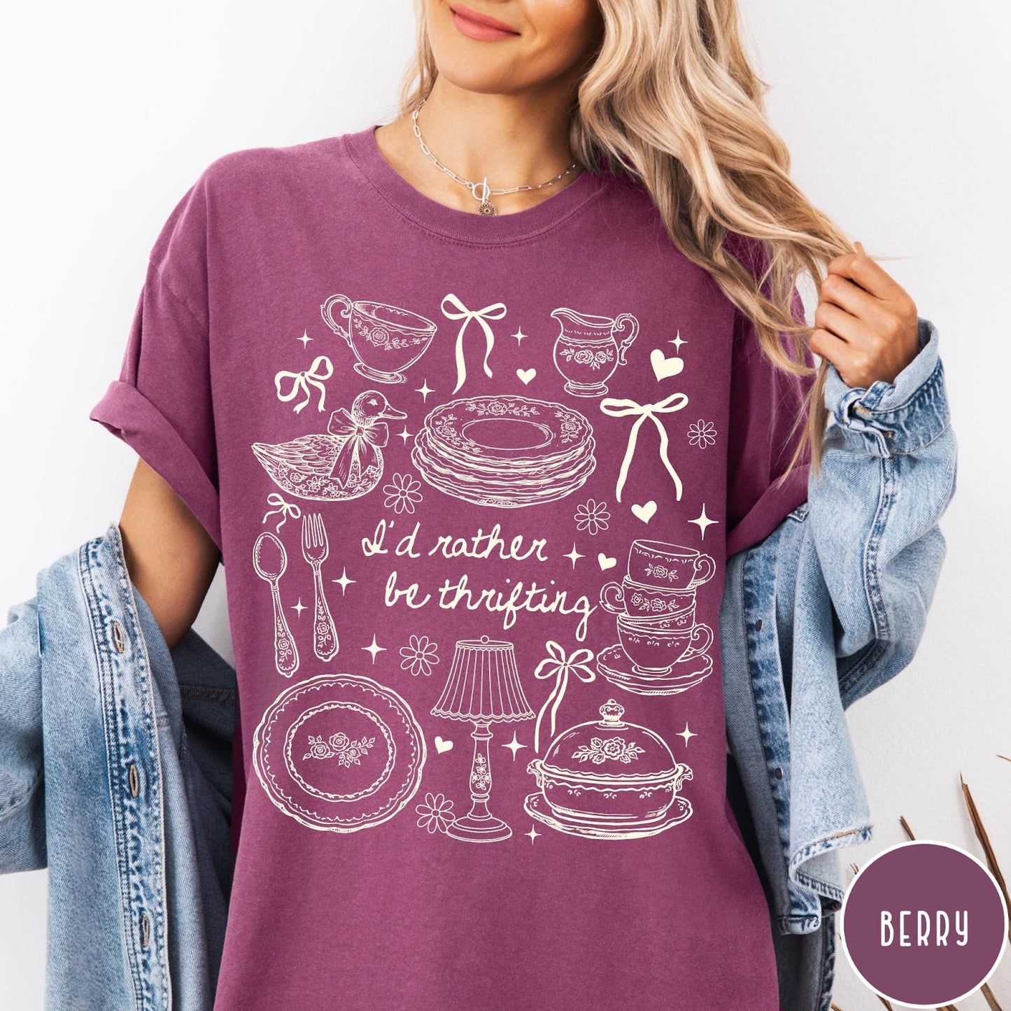 Comfort Colors tee in Berry featuring line art graphic of antique home goods and thrifting items