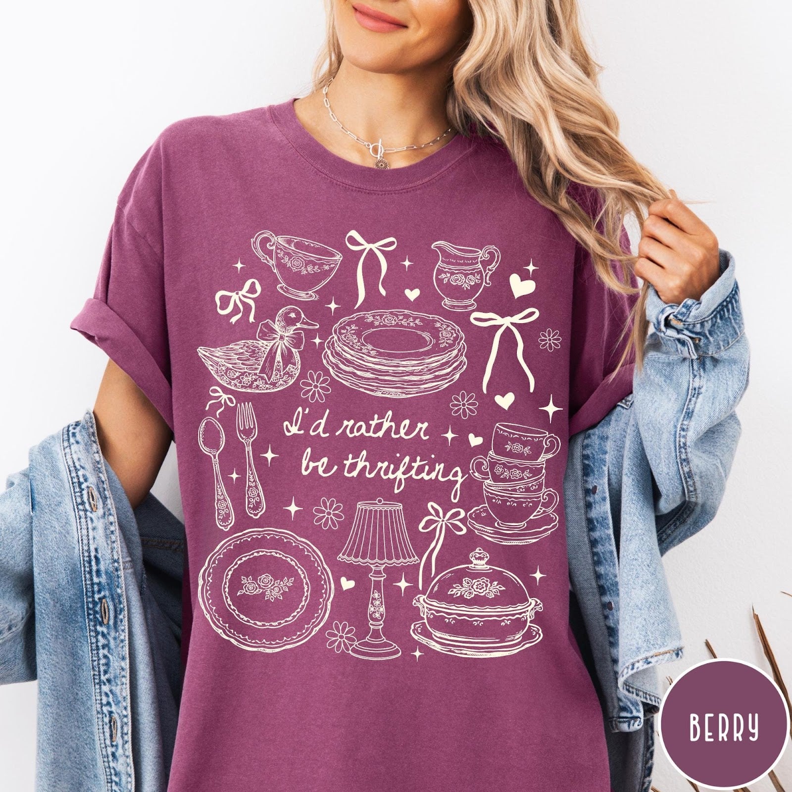 Comfort Colors tee in Berry featuring line art graphic of antique home goods and thrifting items