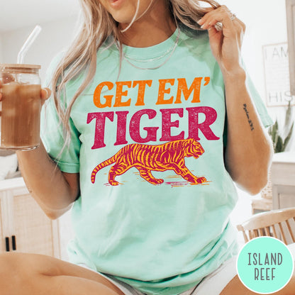 Comfort Colors tee in Island Reef featuring vintage style graphic with orange text and a walking tiger illustration