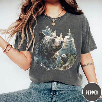 Comfort Colors tee in Pepper featuring vintage nature style graphic of two bears in a forest