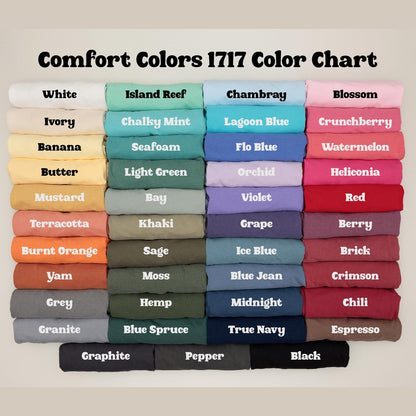 Comfort Colors tee color chart showing available garment colors for the 1717 style shirt