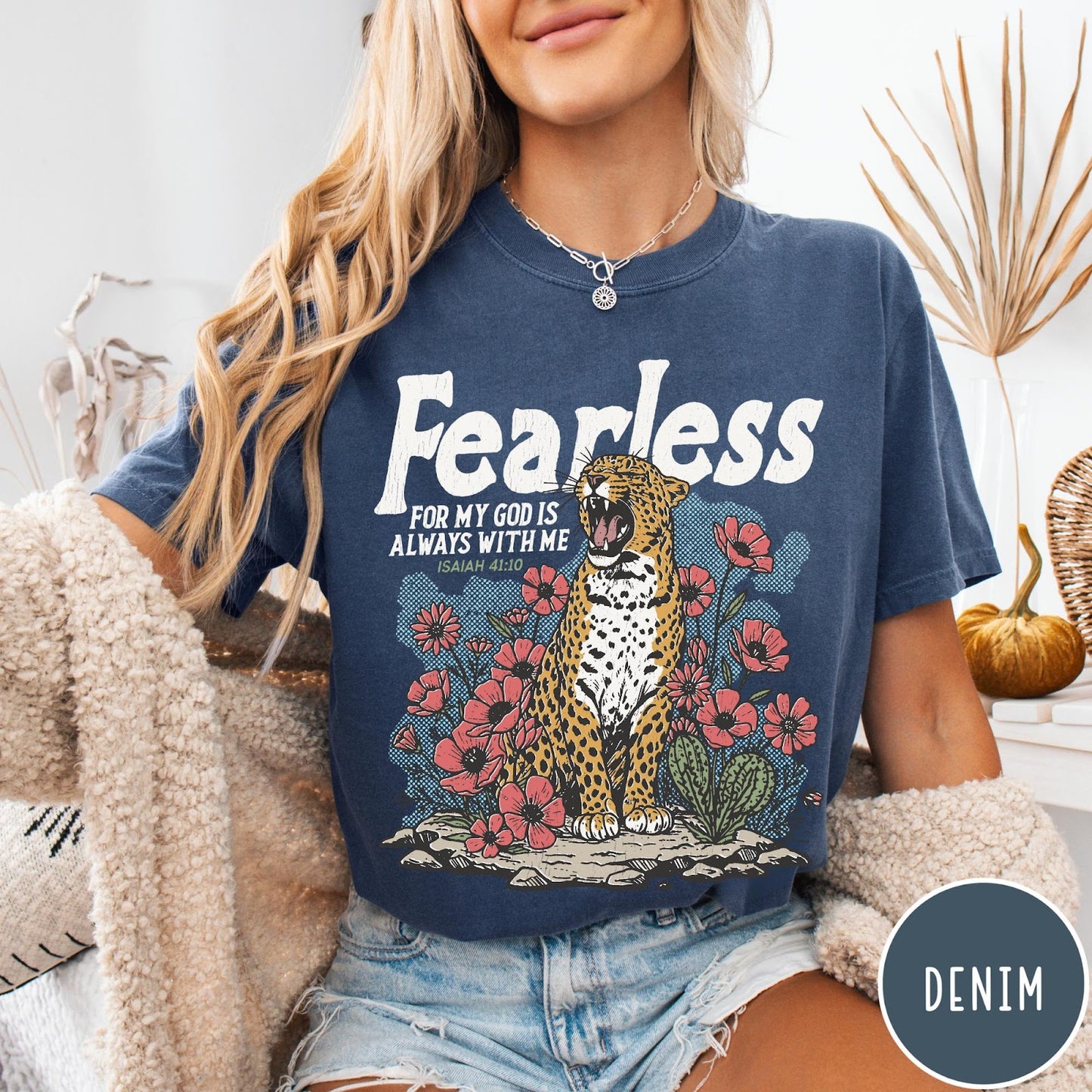 Comfort Colors tee in Denim featuring vintage style leopard and flower graphic with Bible verse Isaiah 41:10