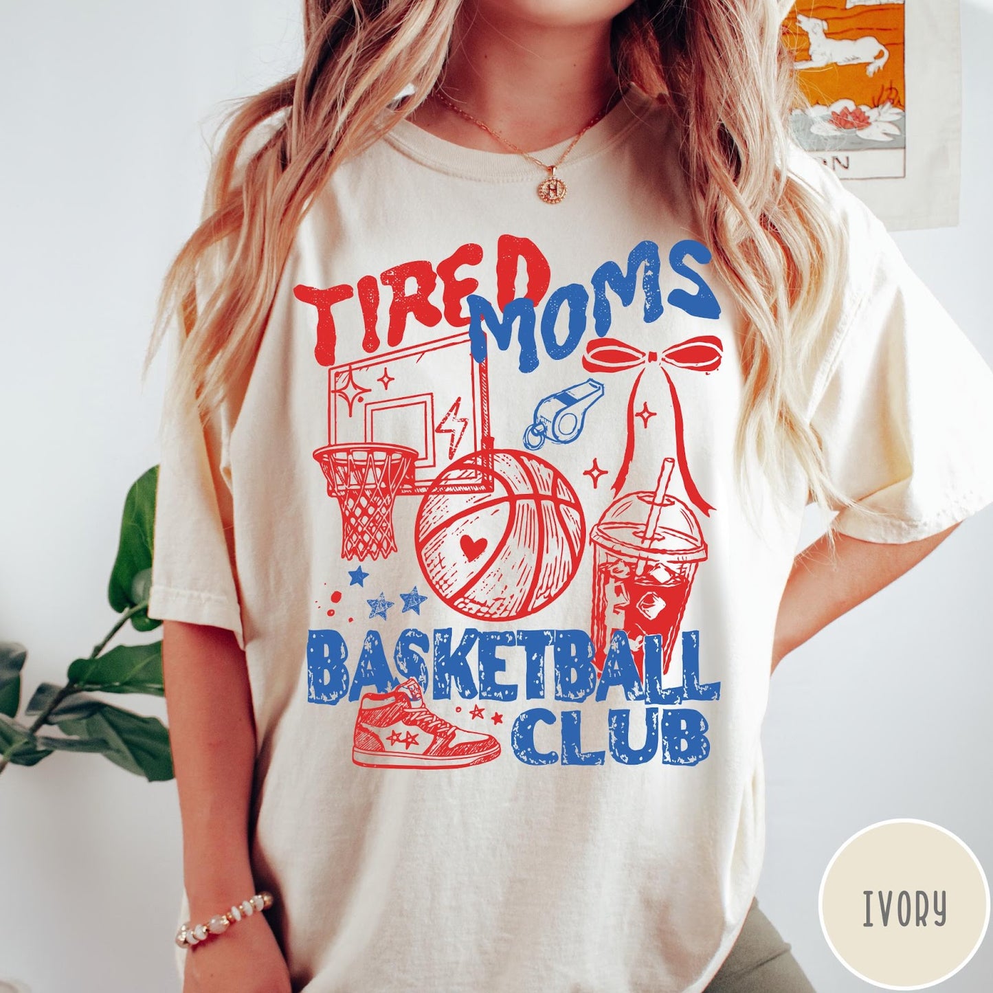 Comfort Colors tee in Ivory featuring basketball mom life graphic with basketball, hoop, whistle, and drink illustration