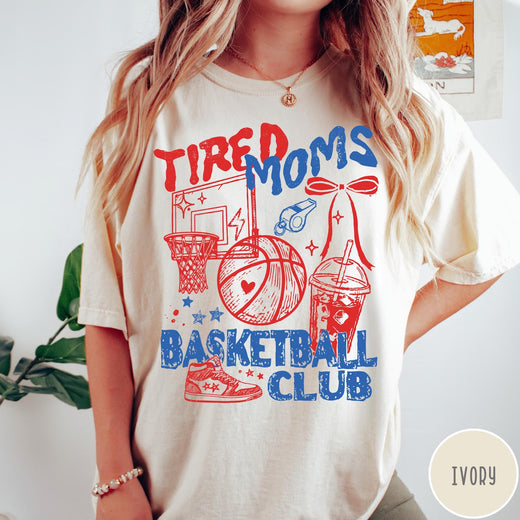 Comfort Colors tee in Ivory featuring basketball mom life graphic with basketball, hoop, whistle, and drink illustration