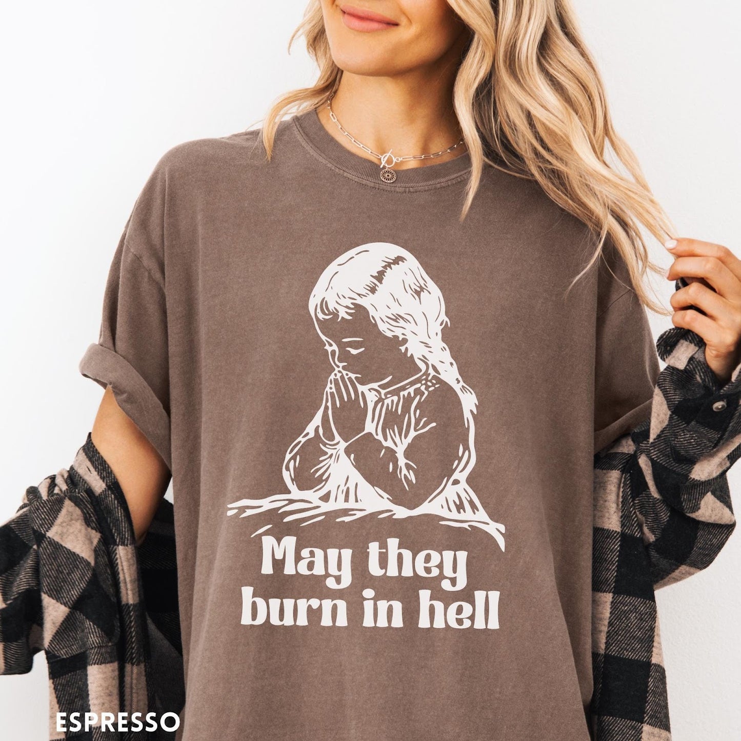 Comfort Colors tee in Espresso featuring vintage style graphic of a child praying with text below