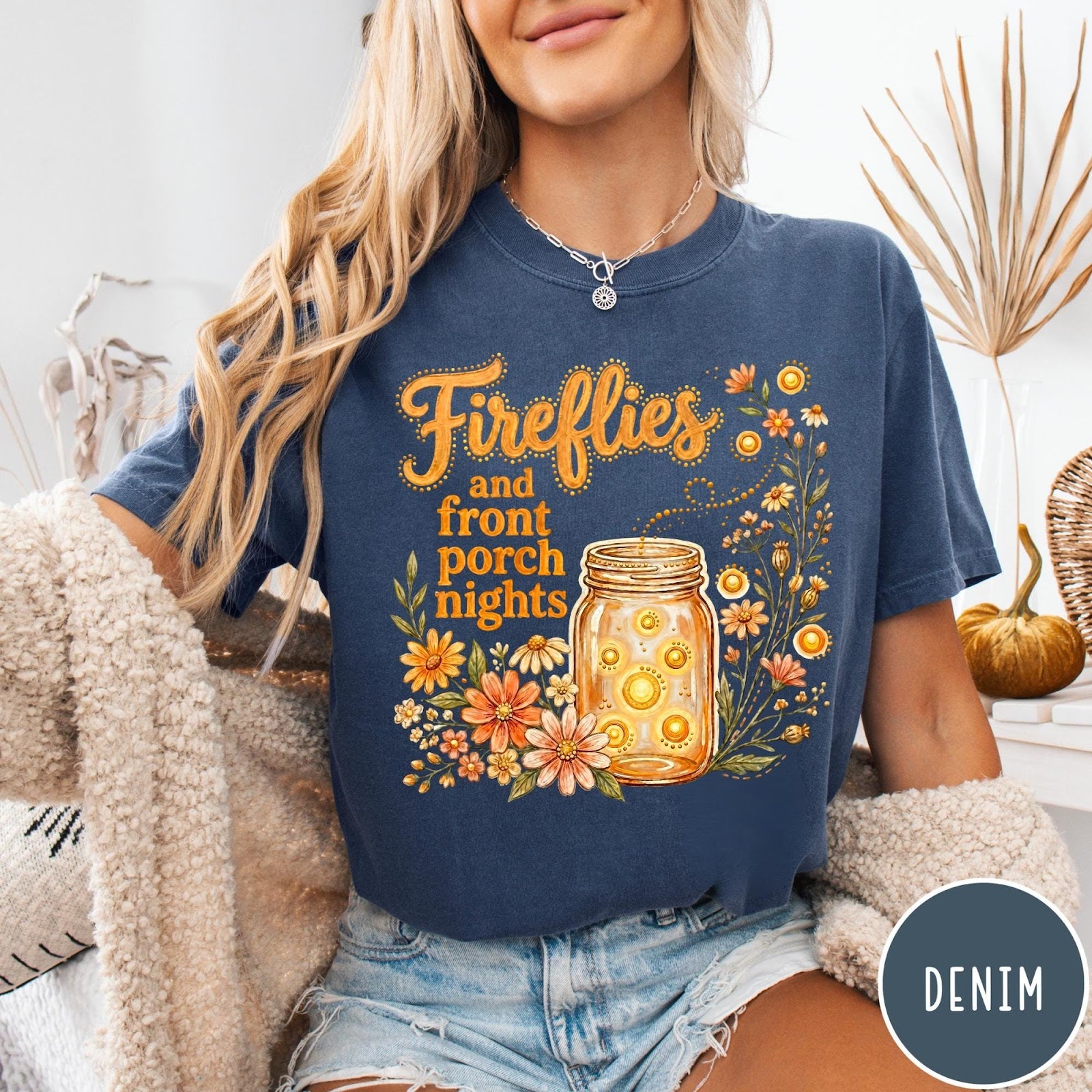 Comfort Colors tee in Denim featuring rustic style graphic of fireflies in a mason jar with wildflowers