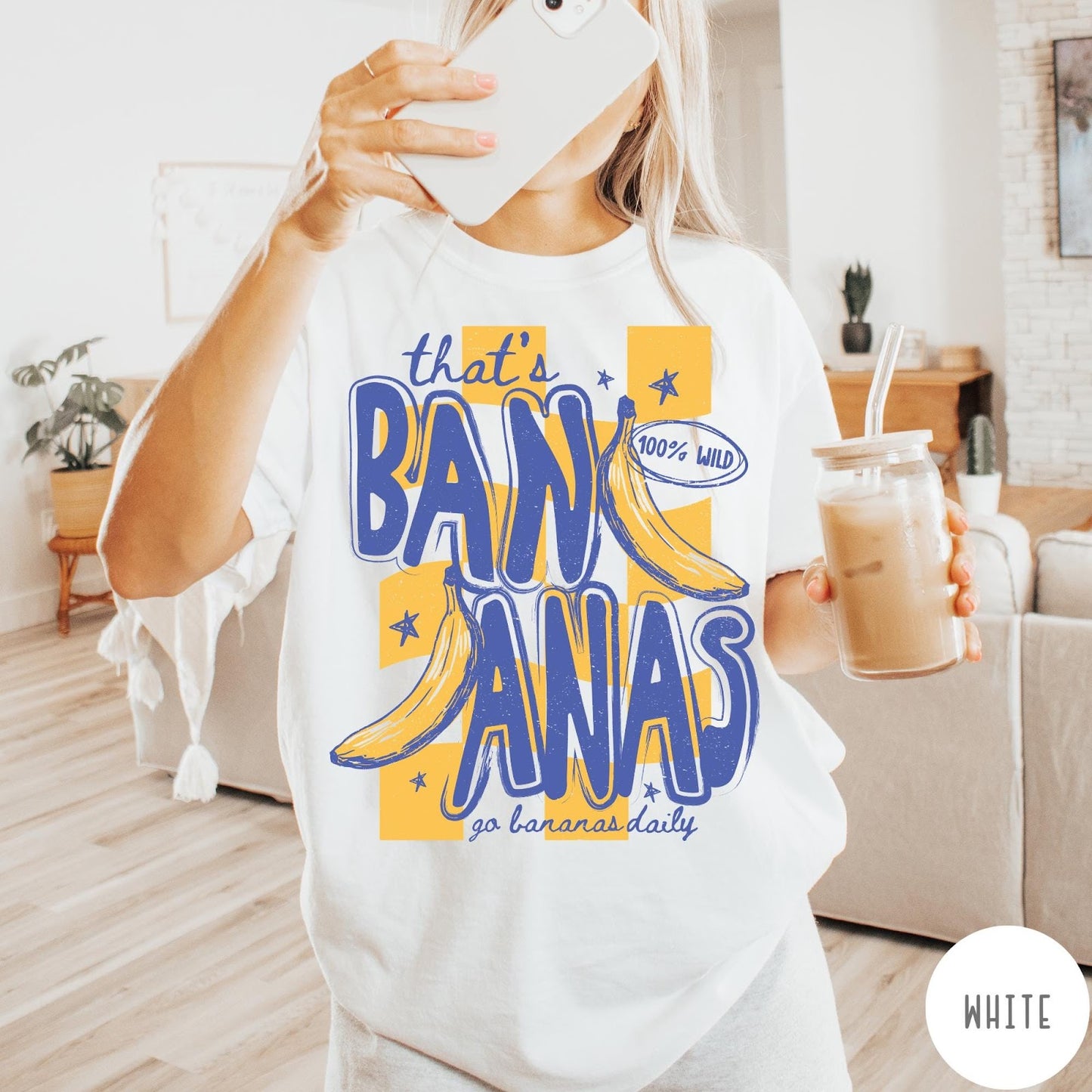Comfort Colors tee in White featuring retro style graphic with bananas and text that says that's bananas