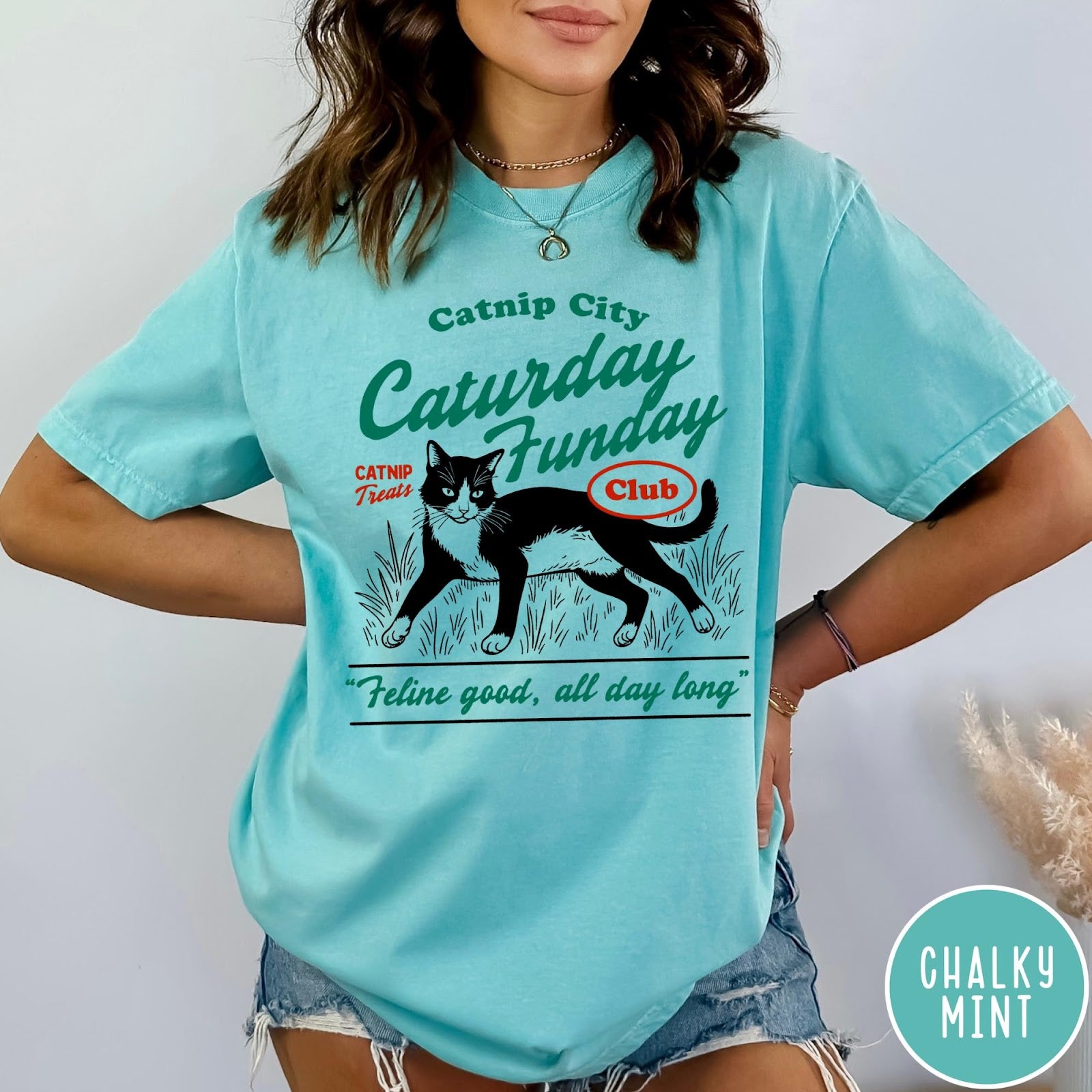 Comfort Colors tee in Chalky Mint featuring vintage style graphic of a tuxedo cat in grass with text