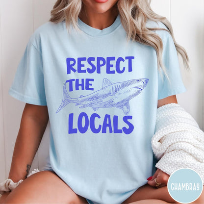Comfort Colors tee in Chambray featuring sketch style shark graphic with Respect the Locals text design