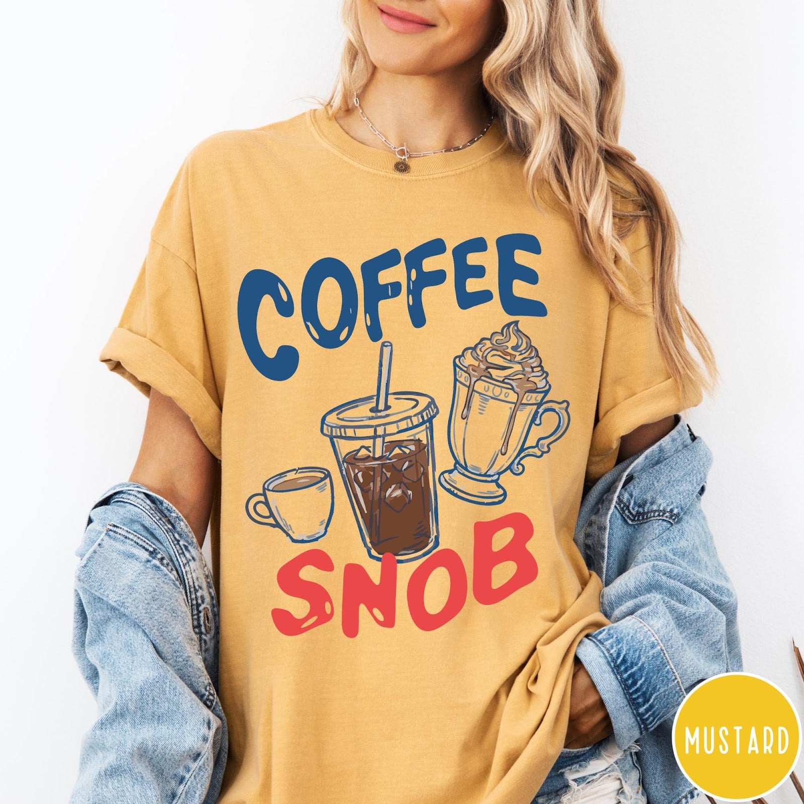 Comfort Colors tee in Mustard featuring coffee themed graphic with iced coffee, espresso, and whipped cream drinks