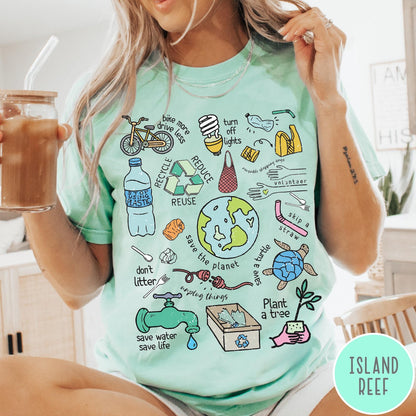 Comfort Colors tee in Island Reef featuring environmental awareness graphic with icons for recycling, saving water, and nature.
