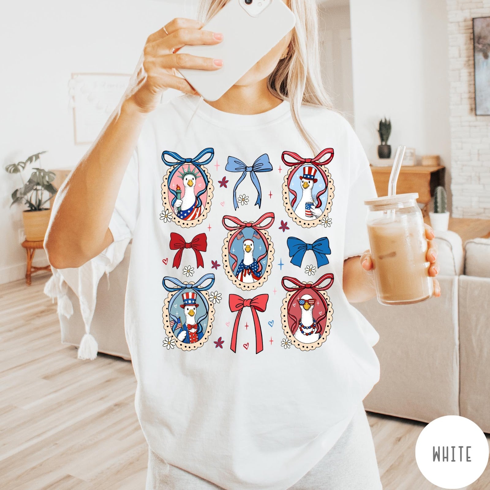 Comfort Colors tee in White featuring coquette design with patriotic geese in frames and bows