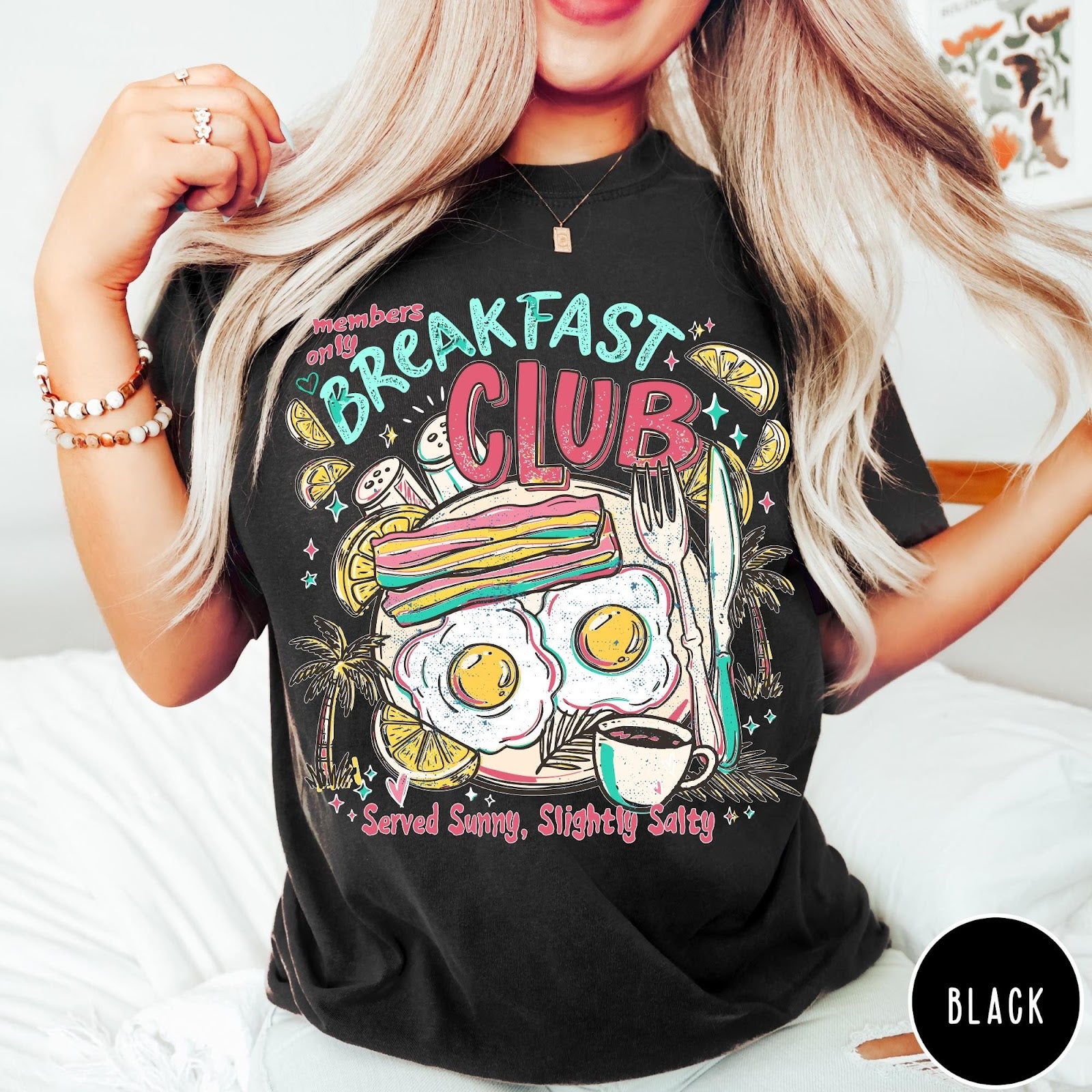 Comfort Colors tee in Black featuring retro breakfast food graphic with eggs, bacon, and coffee illustration