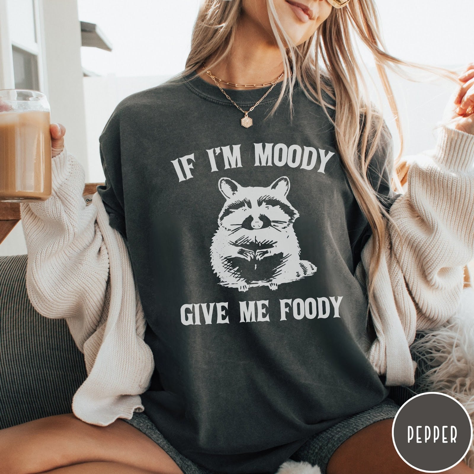 Comfort Colors tee in Pepper featuring vintage style graphic of a raccoon with text If I'm Moody Give Me Foody