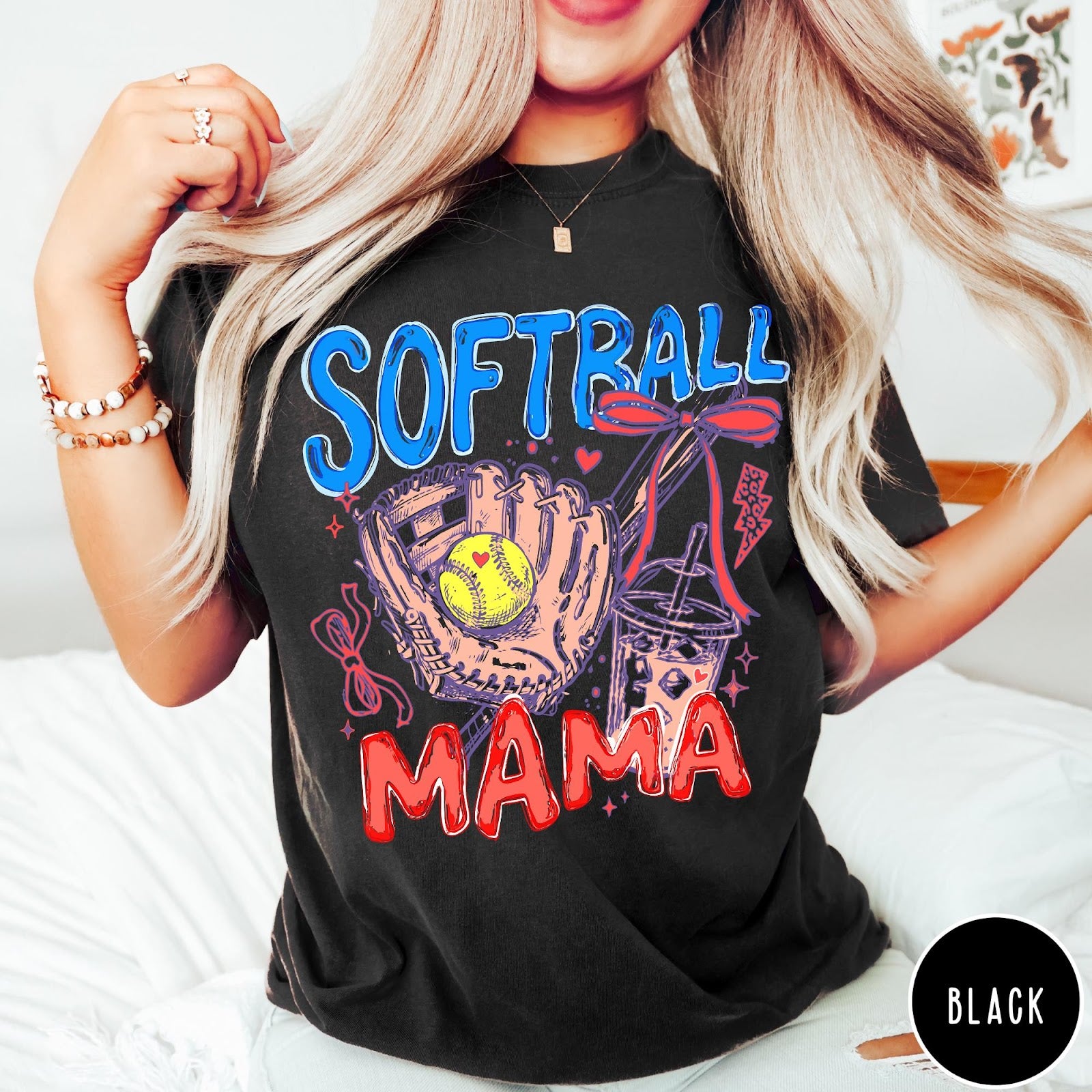 Comfort Colors tee in Black featuring softball mom graphic with glove, ball, and iced coffee design