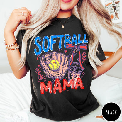 Comfort Colors tee in Black featuring softball mom graphic with glove, ball, and iced coffee design