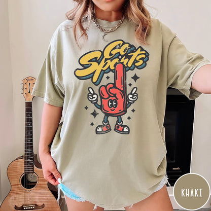 Comfort Colors tee in Khaki featuring retro mascot design with a red foam finger character and text