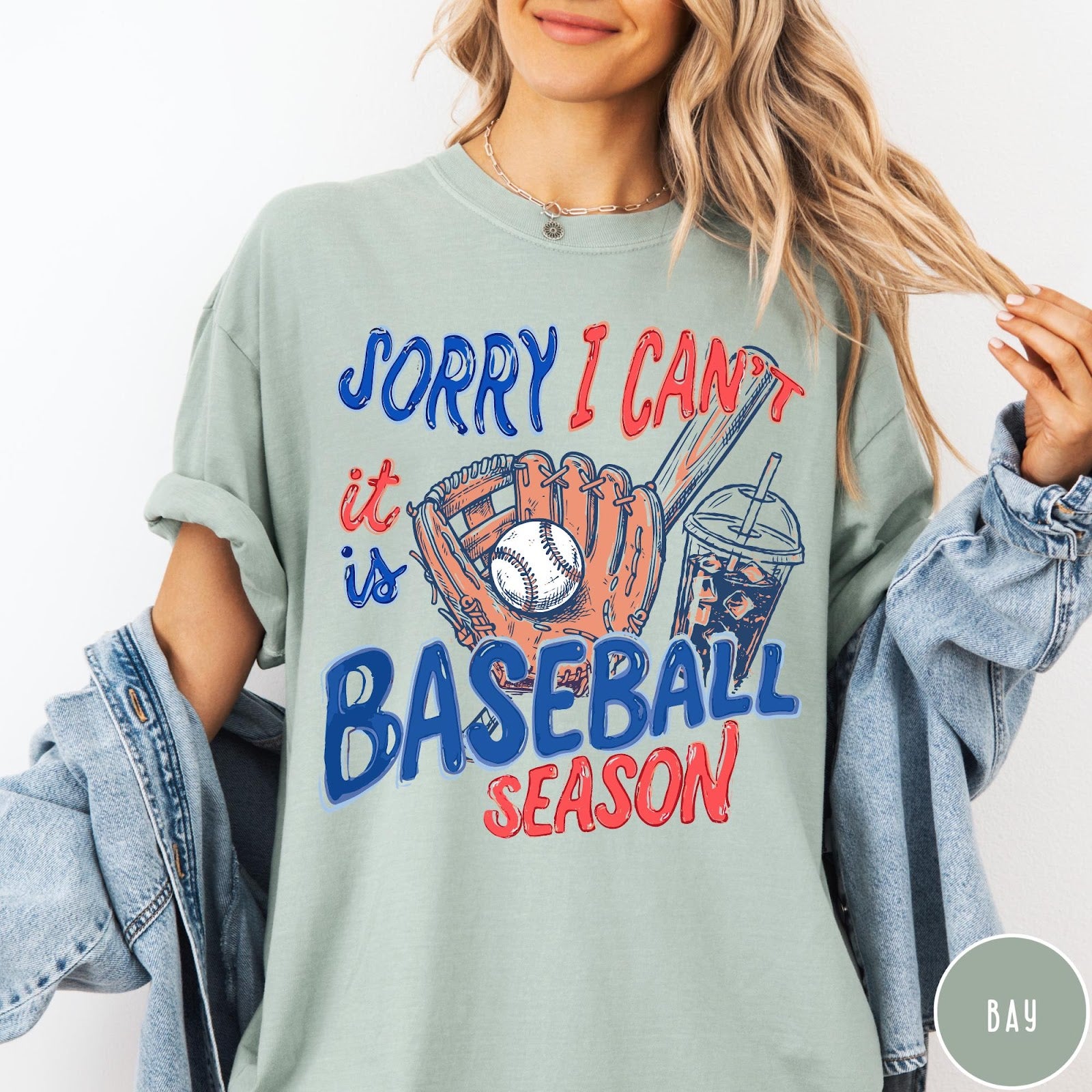 Comfort Colors tee in Bay featuring baseball graphic with glove, ball, bat, and iced coffee