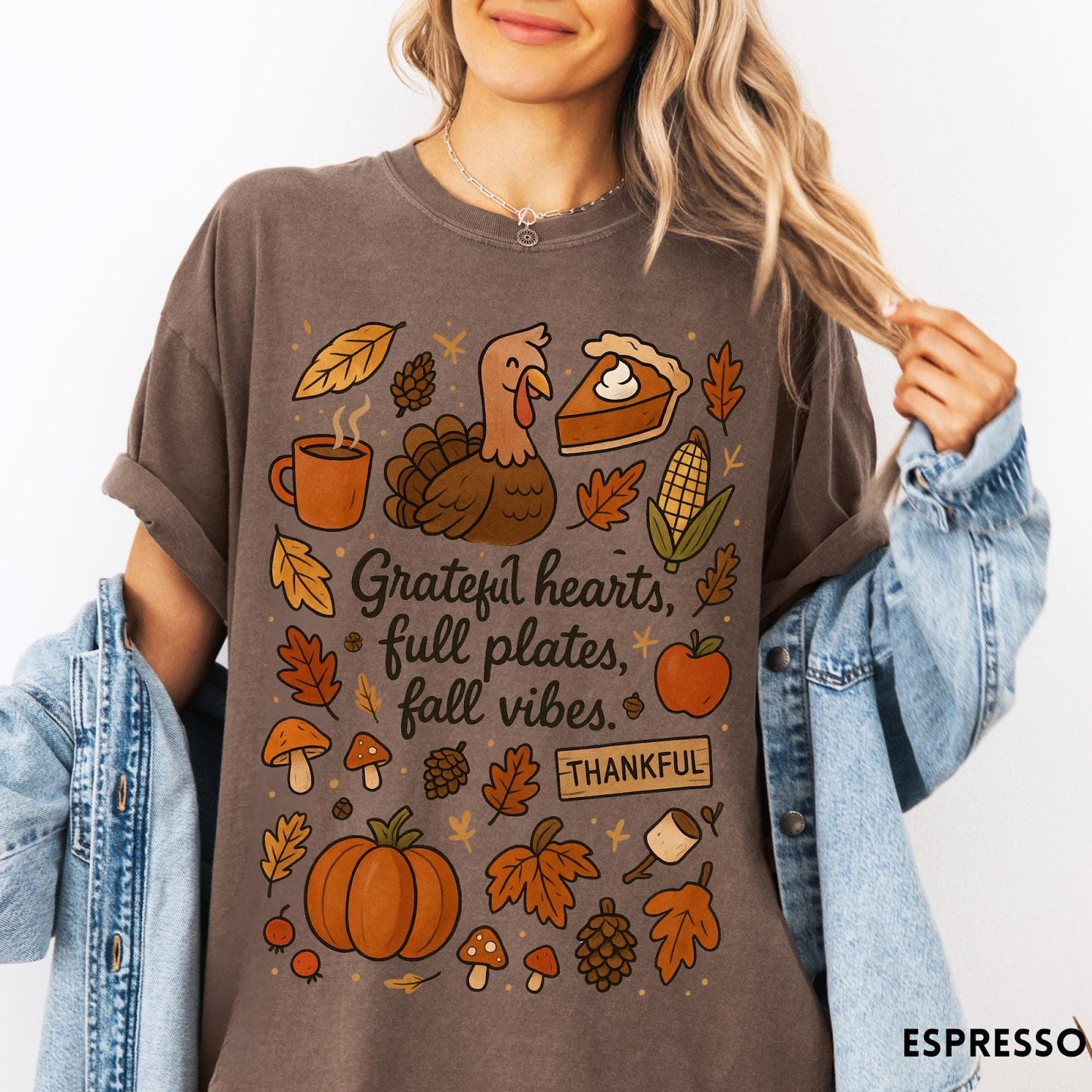 Comfort Colors tee in Espresso featuring fall design style with turkey, pumpkin, pie, and autumn harvest elements