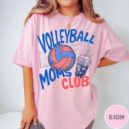 Comfort Colors tee in Blossom featuring volleyball mom life graphic with a volleyball and iced coffee