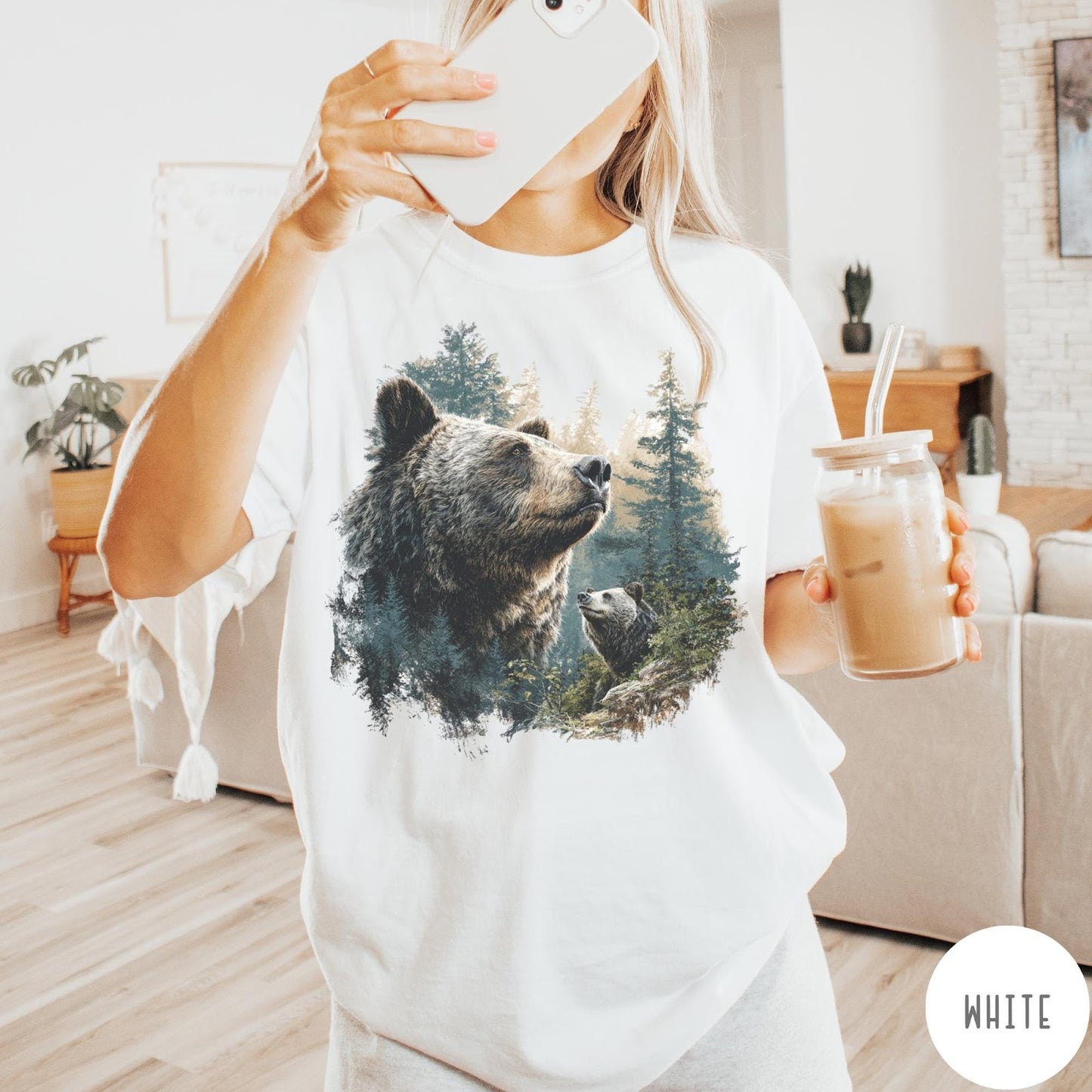 Comfort Colors tee in White featuring vintage nature graphic with two bears in a forest