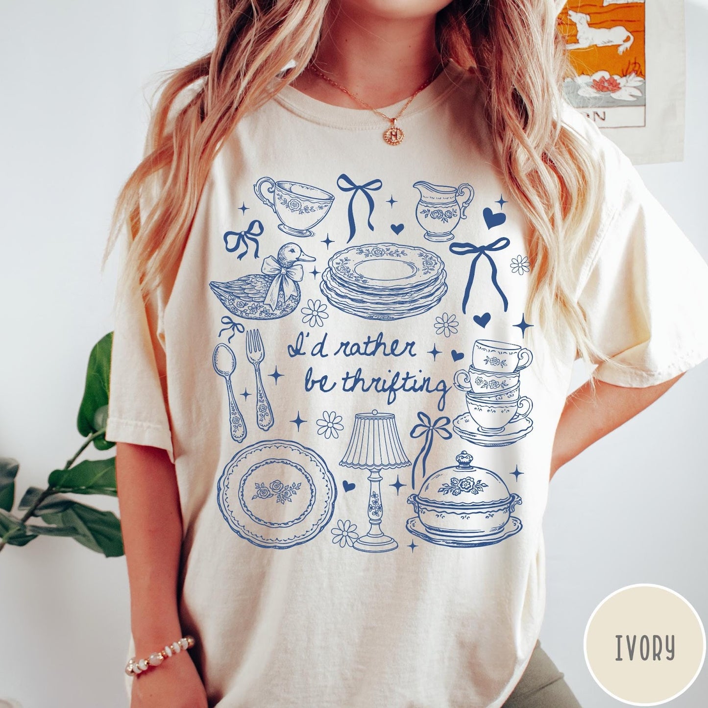 Comfort Colors tee in Ivory featuring line art style thrifting and antique home goods graphic design
