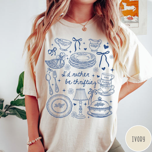 Comfort Colors tee in Ivory featuring line art style thrifting and antique home goods graphic design