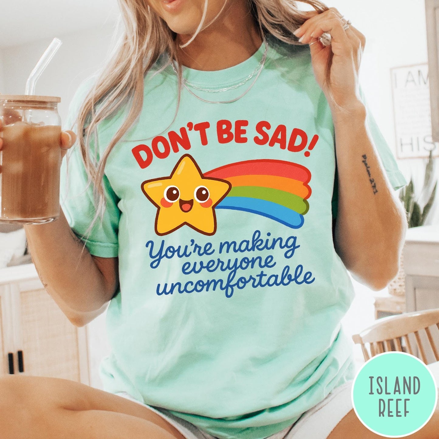 Comfort Colors tee in Island Reef featuring cute shooting star graphic with Don't Be Sad text