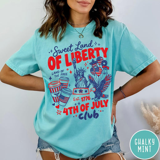 Comfort Colors tee in Chalky Mint featuring 4th of July celebration graphic with Statue of Liberty and eagle