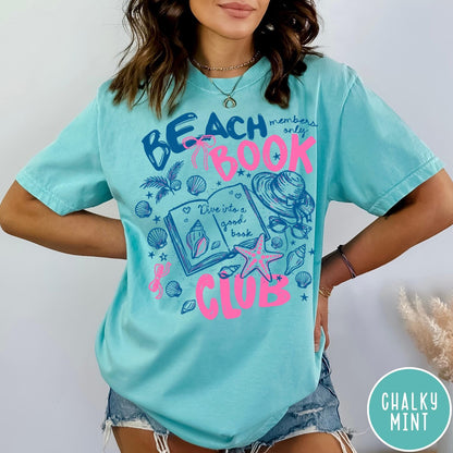 Comfort Colors tee in Chalky Mint featuring beach book club graphic with seashells, starfish, and a sun hat