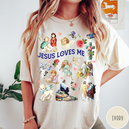 Comfort Colors tee in Ivory featuring vintage religious style graphic with Jesus, angels, lambs, and floral elements