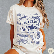 Comfort Colors tee in Ivory featuring marine life graphic design with various sea creatures and Save Our Seas text