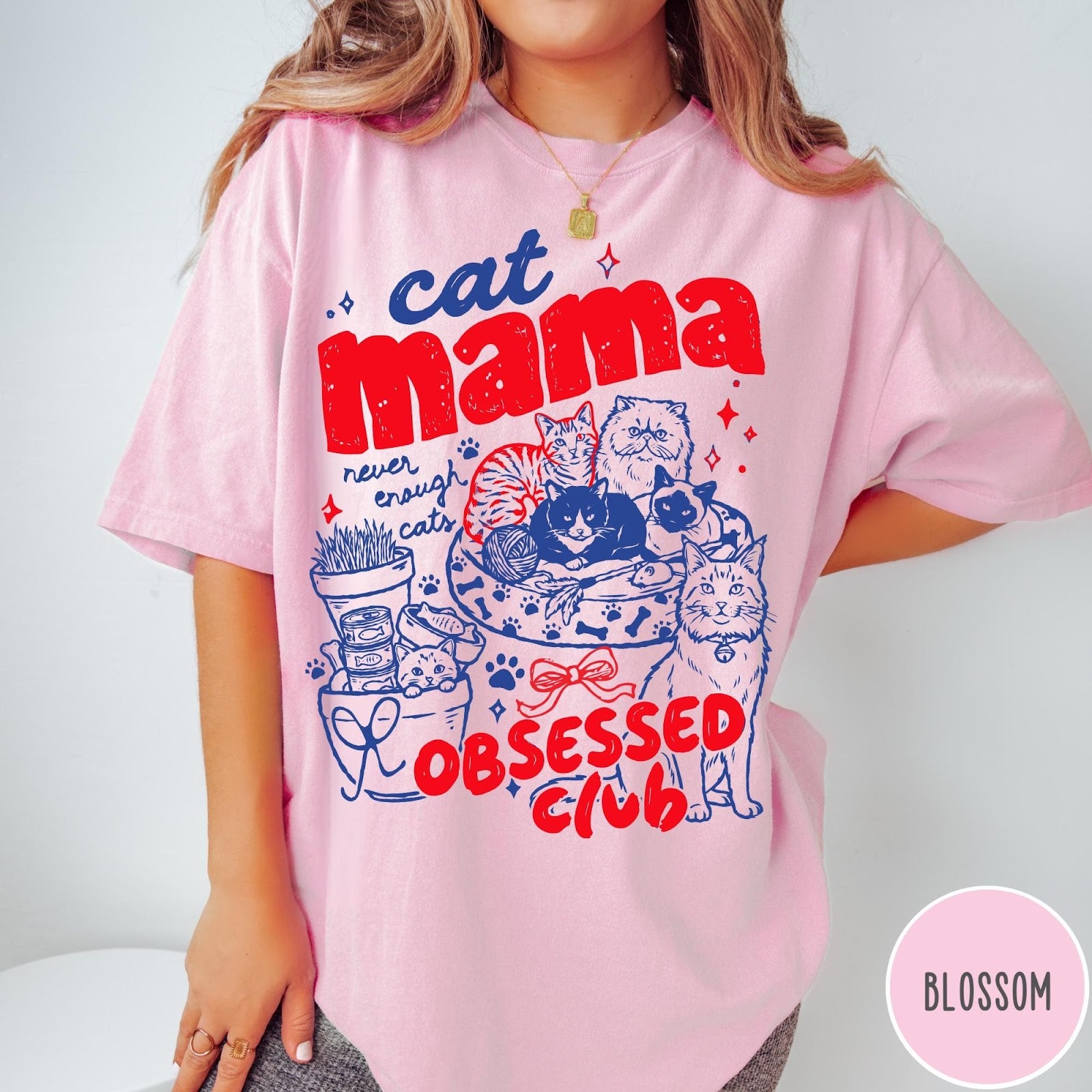 Comfort Colors tee in Blossom featuring cat mama club graphic with multiple cats and red blue ink