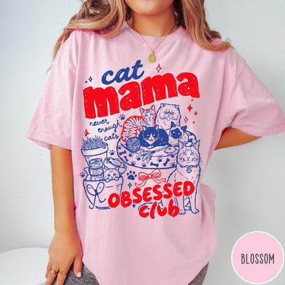 Comfort Colors tee in Blossom featuring cat mama club graphic with multiple cats and red blue ink
