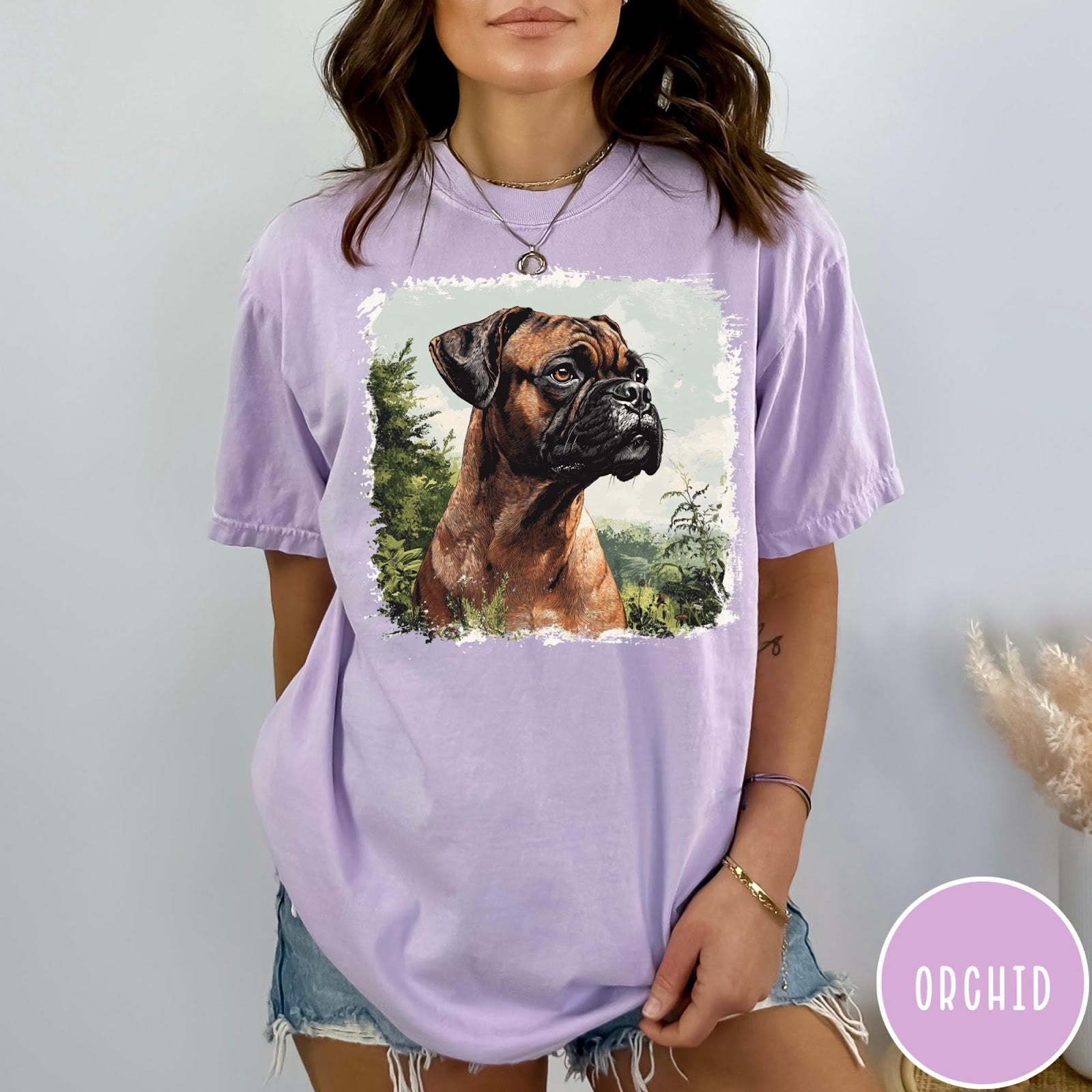 Comfort Colors tee in Orchid featuring vintage style graphic of a Boxer dog in a forest setting