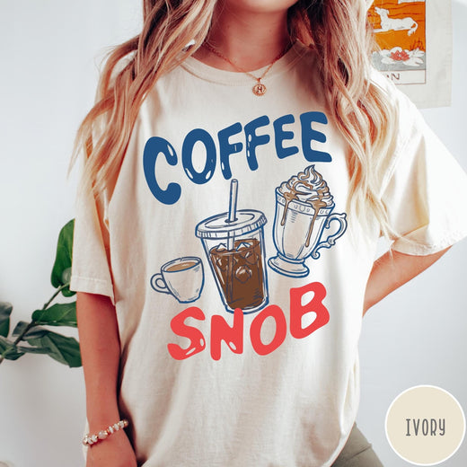 Comfort Colors tee in Ivory featuring coffee themed graphic with iced coffee, espresso, and whipped cream drinks