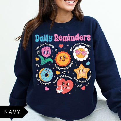 Comfort Colors tee in Navy featuring retro mascot design with daily affirmations and colorful graphics