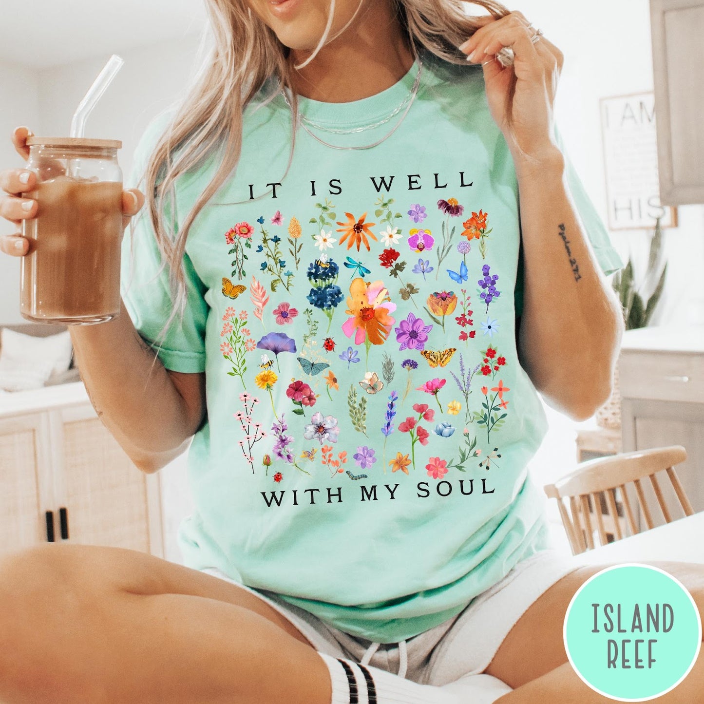 Comfort Colors tee in Island Reef featuring wildflower bouquet graphic and It Is Well With My Soul text