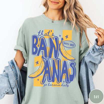 Comfort Colors tee in Bay featuring retro style graphic with bananas and text that says that's bananas