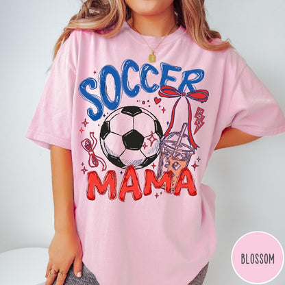 Comfort Colors tee in Blossom featuring soccer design with a soccer ball and iced coffee graphic