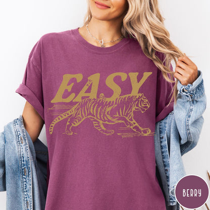Comfort Colors tee in Berry featuring vintage style graphic of a tiger and the word Easy