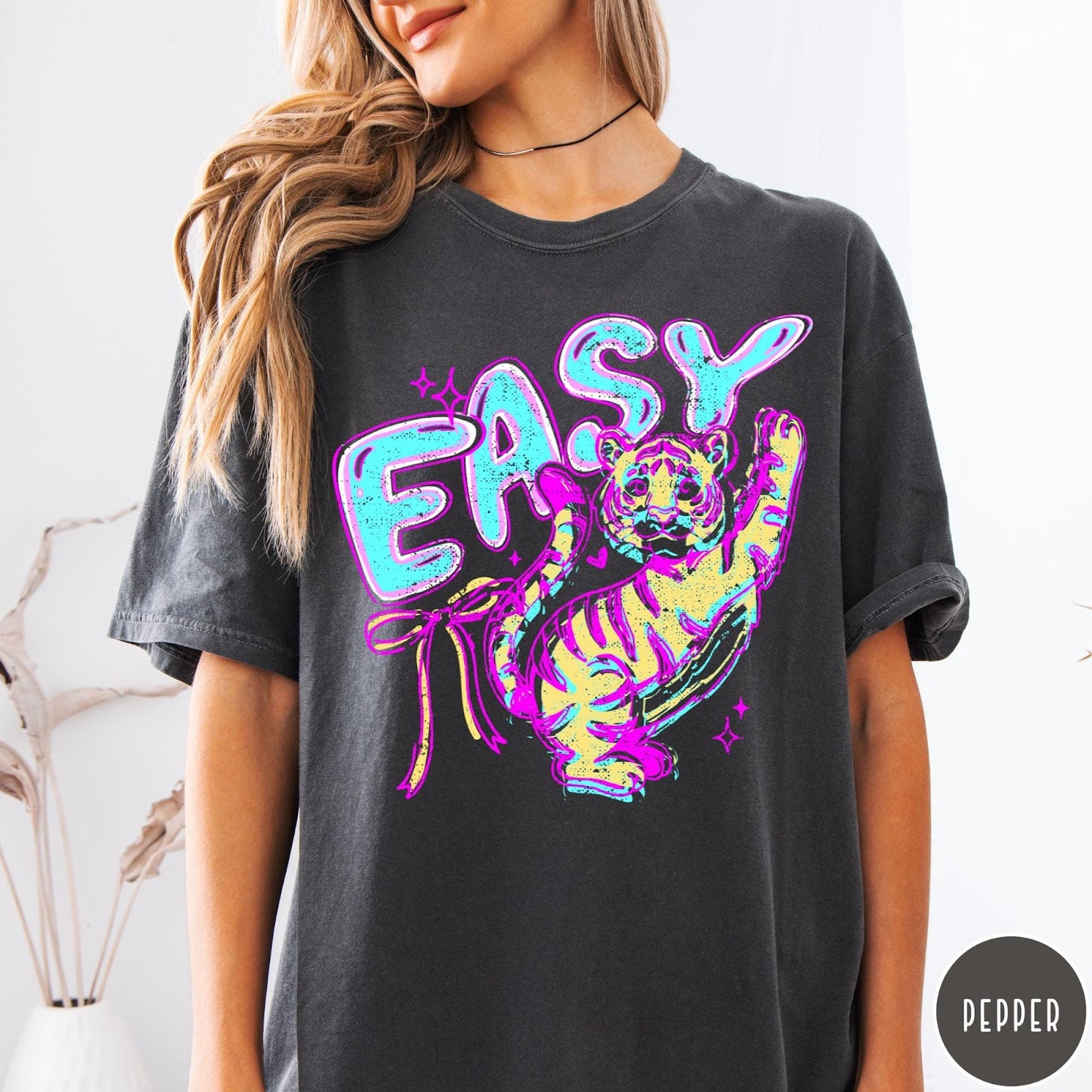 Comfort Colors tee in Pepper featuring retro graphic style with a tiger and the word Easy